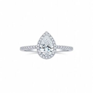 Pear cut Halo-set VVS Moissanite Engagement Ring.